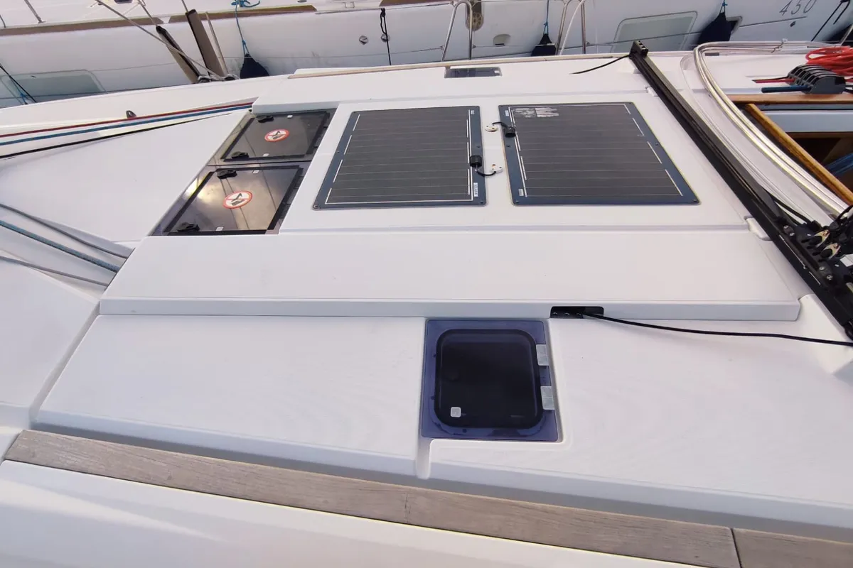 Deck of Skopelos, a Jeanneau Sun Odyssey 519 sailboat at Lavrion, Greece