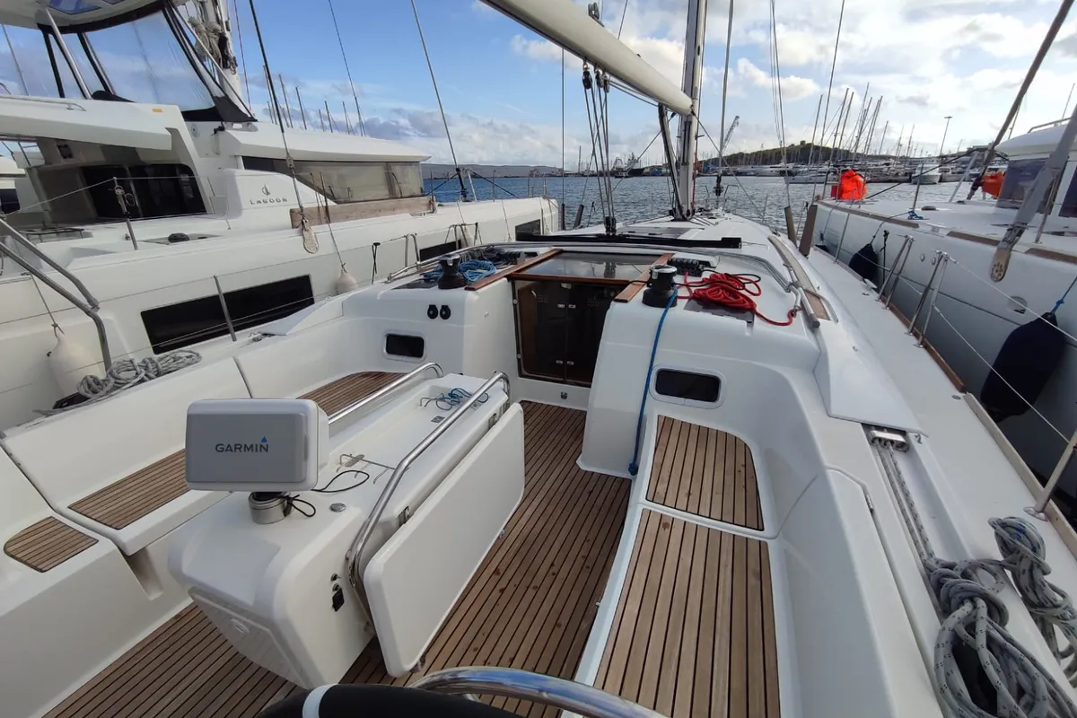 Cockpit of Skopelos, a Jeanneau Sun Odyssey 519 sailboat at Lavrion, Greece
