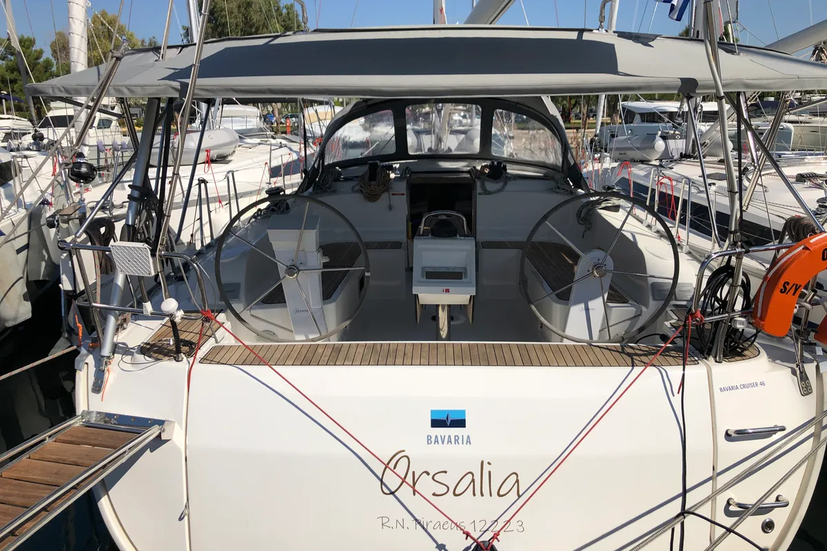 Cockpit of S/Y Orsalia, a Bavaria Cruiser 46 sailboat at Preveza, Greece