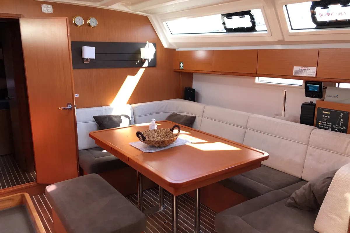 Salon of S/Y Orsalia, a Bavaria Cruiser 46 sailboat at Preveza, Greece