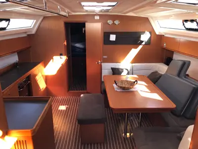 Salon of S/Y Orsalia, a Bavaria Cruiser 46 sailboat at Preveza, Greece