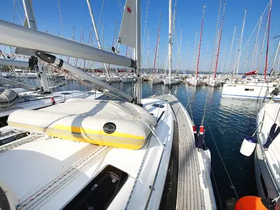 Deck of Morellina, a Bavaria Cruiser 41 sailboat at Grad Pula, Croatia