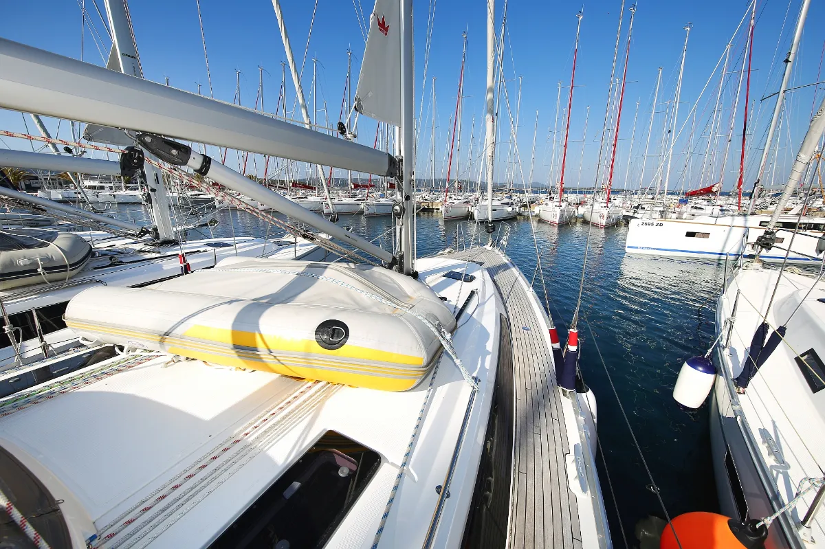 Deck of Morellina, a Bavaria Cruiser 41 sailboat at Grad Pula, Croatia