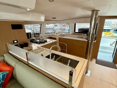 Galley of Keysmet, a Bali 4.6 catamaran at Agios Stefanos, Greece