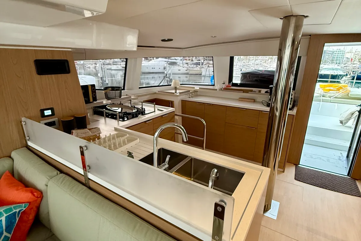 Galley of Keysmet, a Bali 4.6 catamaran at Agios Stefanos, Greece
