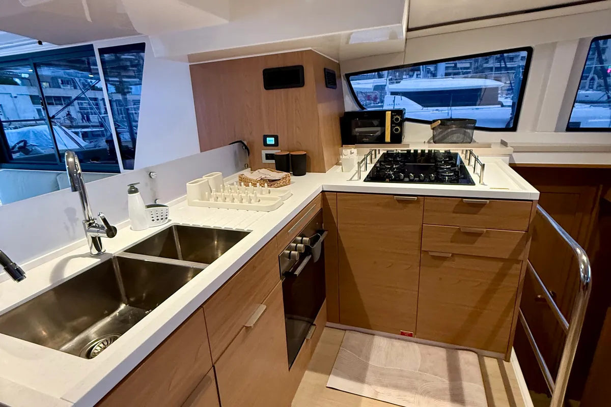 Galley of Keysmet, a Bali 4.6 catamaran at Agios Stefanos, Greece