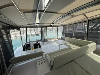Cockpit of Keysmet, a Bali 4.6 catamaran at Agios Stefanos, Greece