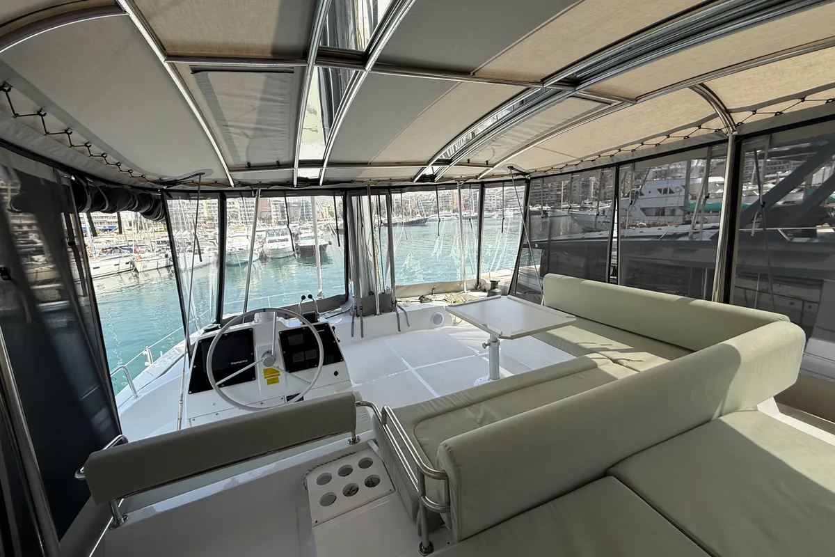 Cockpit of Keysmet, a Bali 4.6 catamaran at Agios Stefanos, Greece