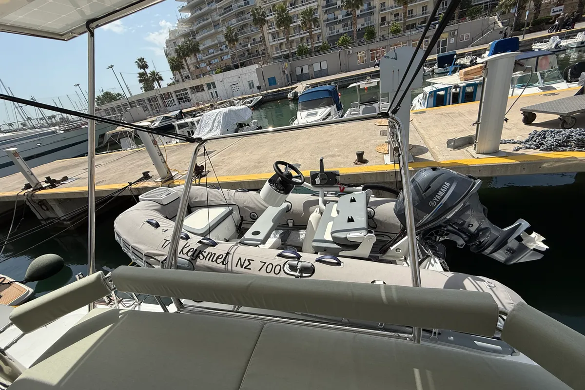 Deck of Keysmet, a Bali 4.6 catamaran at Agios Stefanos, Greece