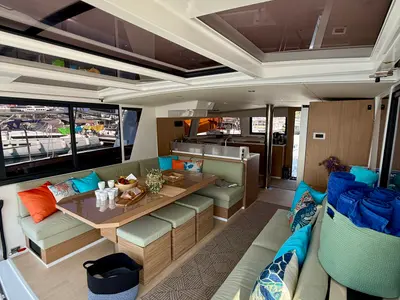 Salon of Keysmet, a Bali 4.6 catamaran at Agios Stefanos, Greece