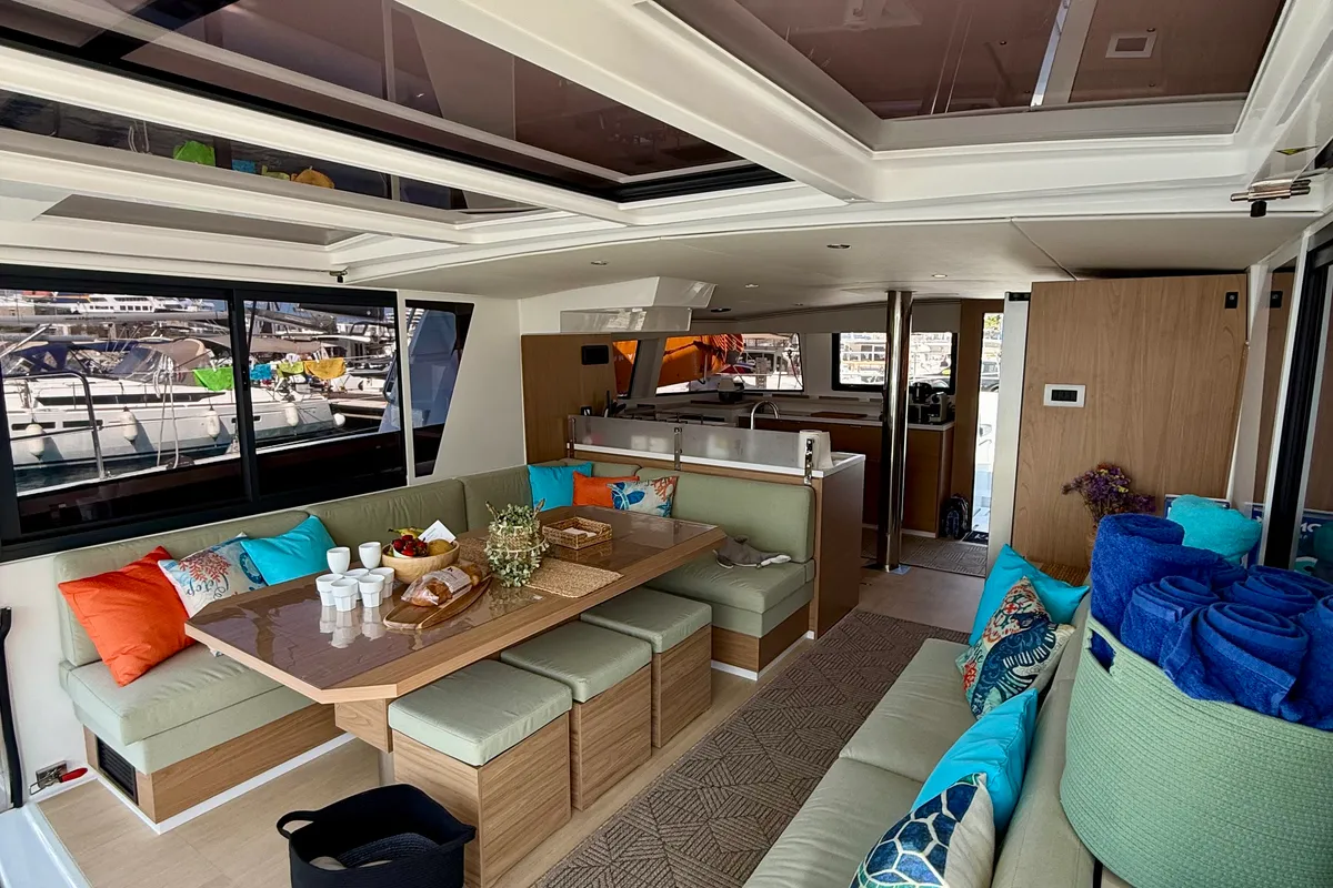 Salon of Keysmet, a Bali 4.6 catamaran at Agios Stefanos, Greece