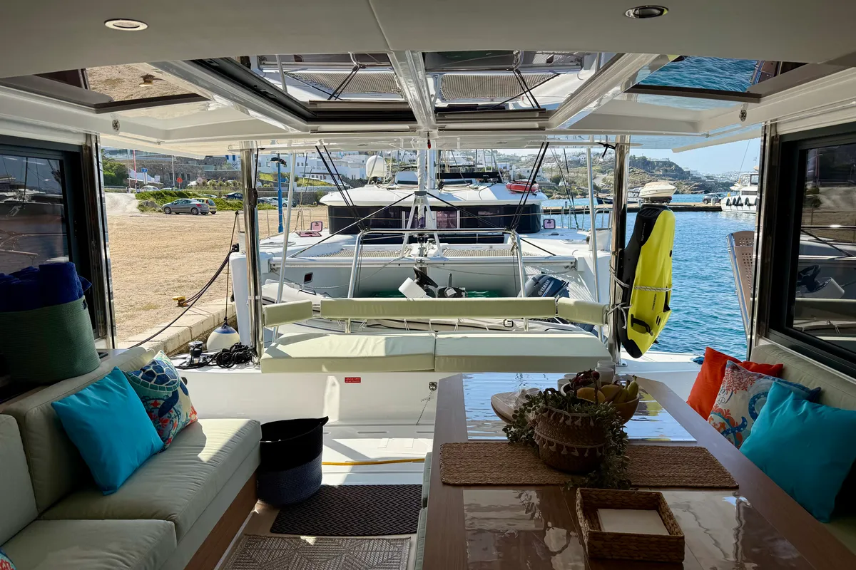 Salon of Keysmet, a Bali 4.6 catamaran at Agios Stefanos, Greece