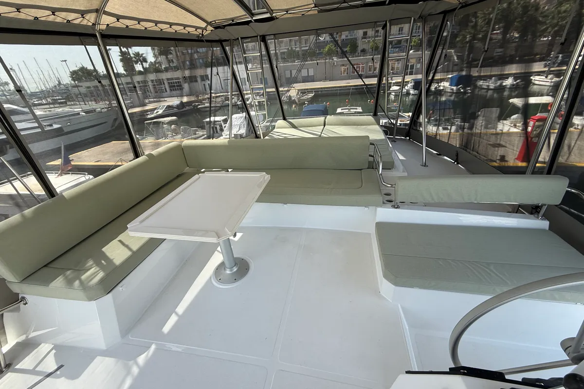 Deck of Keysmet, a Bali 4.6 catamaran at Agios Stefanos, Greece