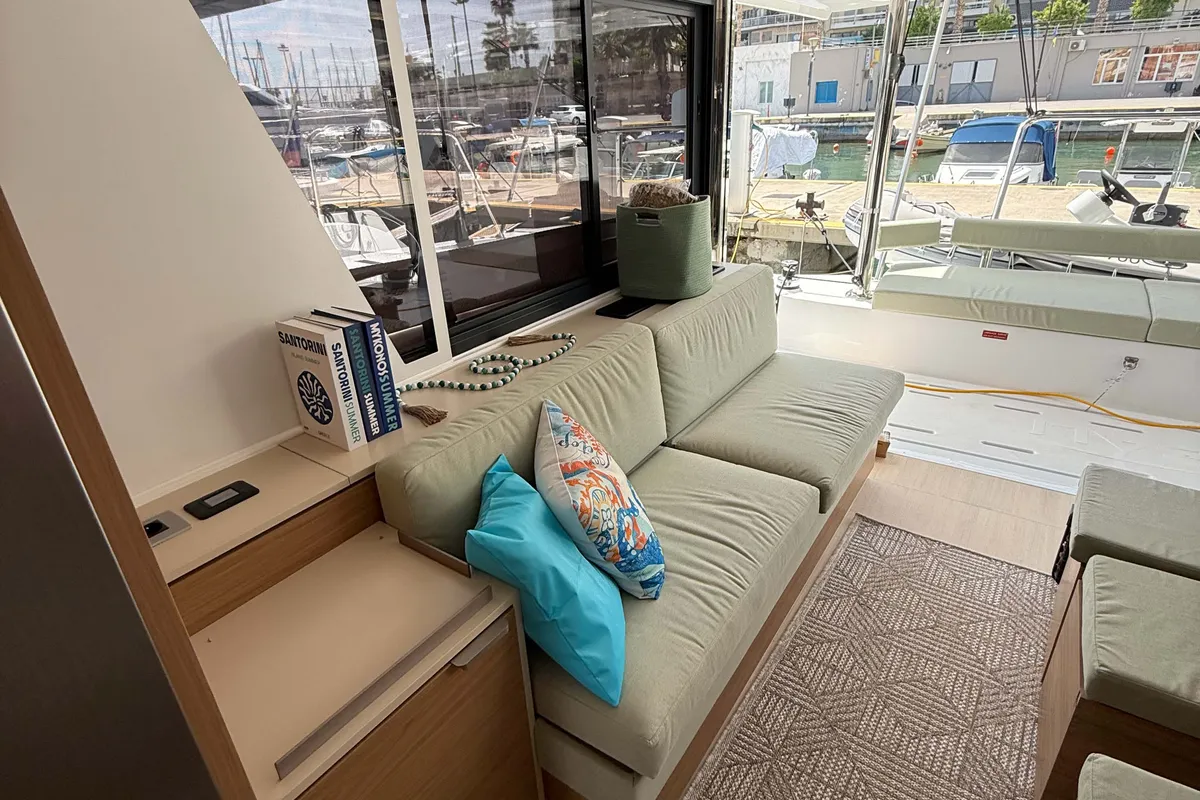 Salon of Keysmet, a Bali 4.6 catamaran at Agios Stefanos, Greece