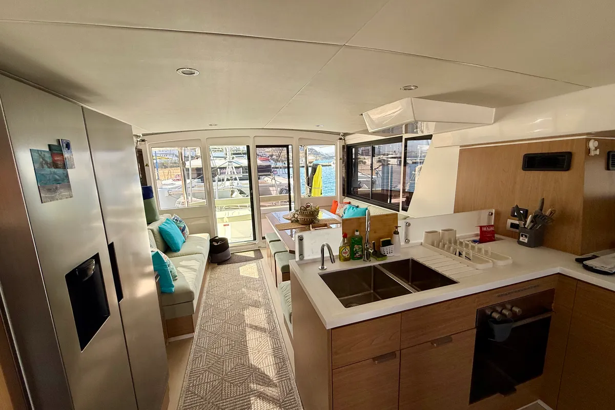 Galley of Keysmet, a Bali 4.6 catamaran at Agios Stefanos, Greece