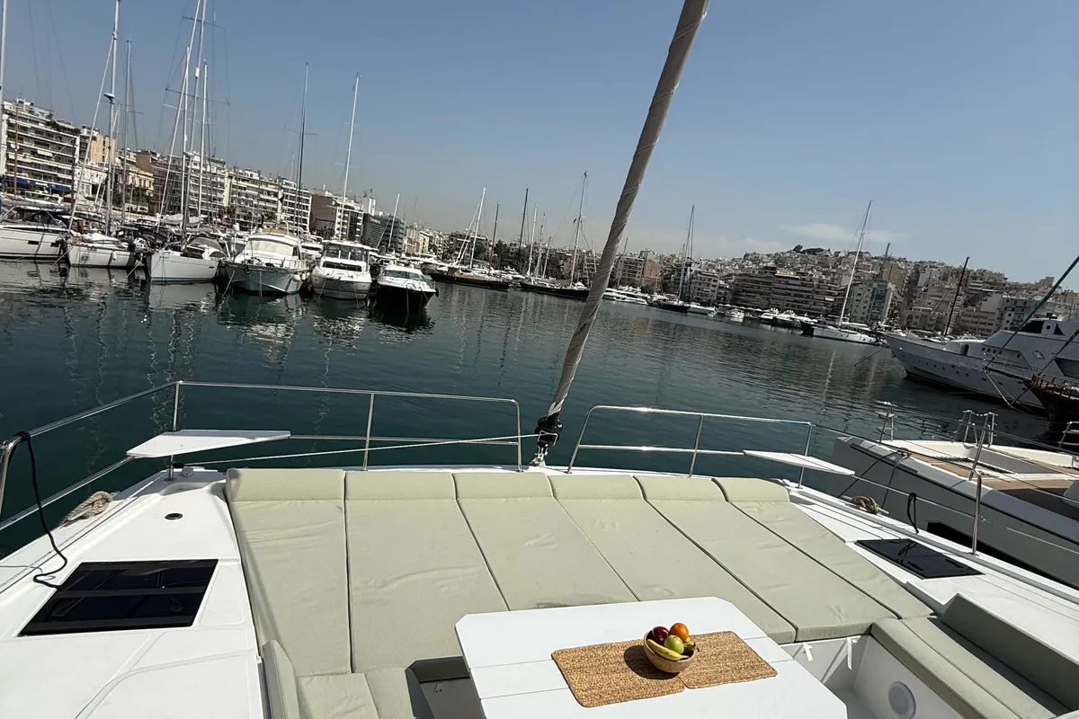 Deck of Keysmet, a Bali 4.6 catamaran at Agios Stefanos, Greece