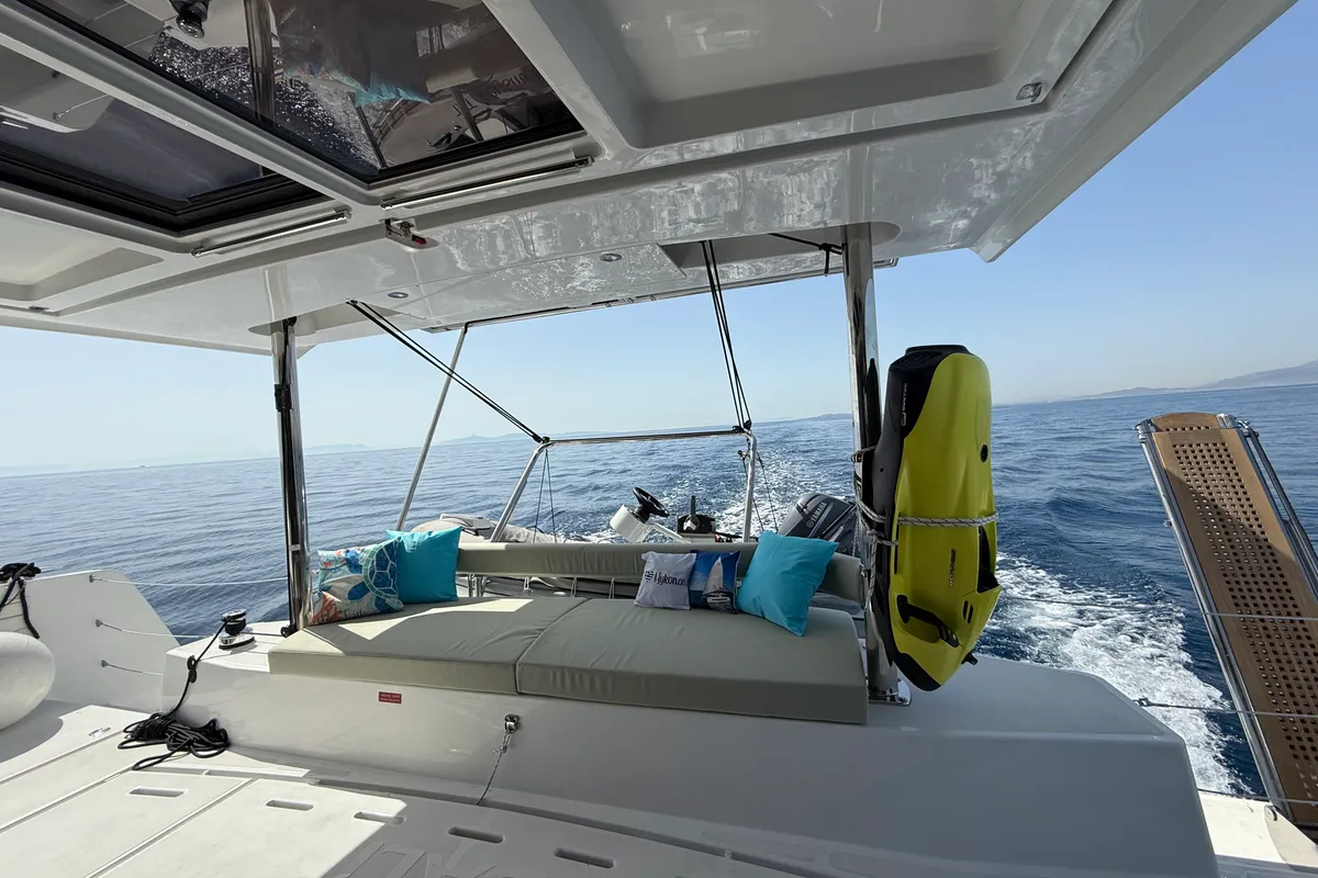 Deck of Keysmet, a Bali 4.6 catamaran at Agios Stefanos, Greece