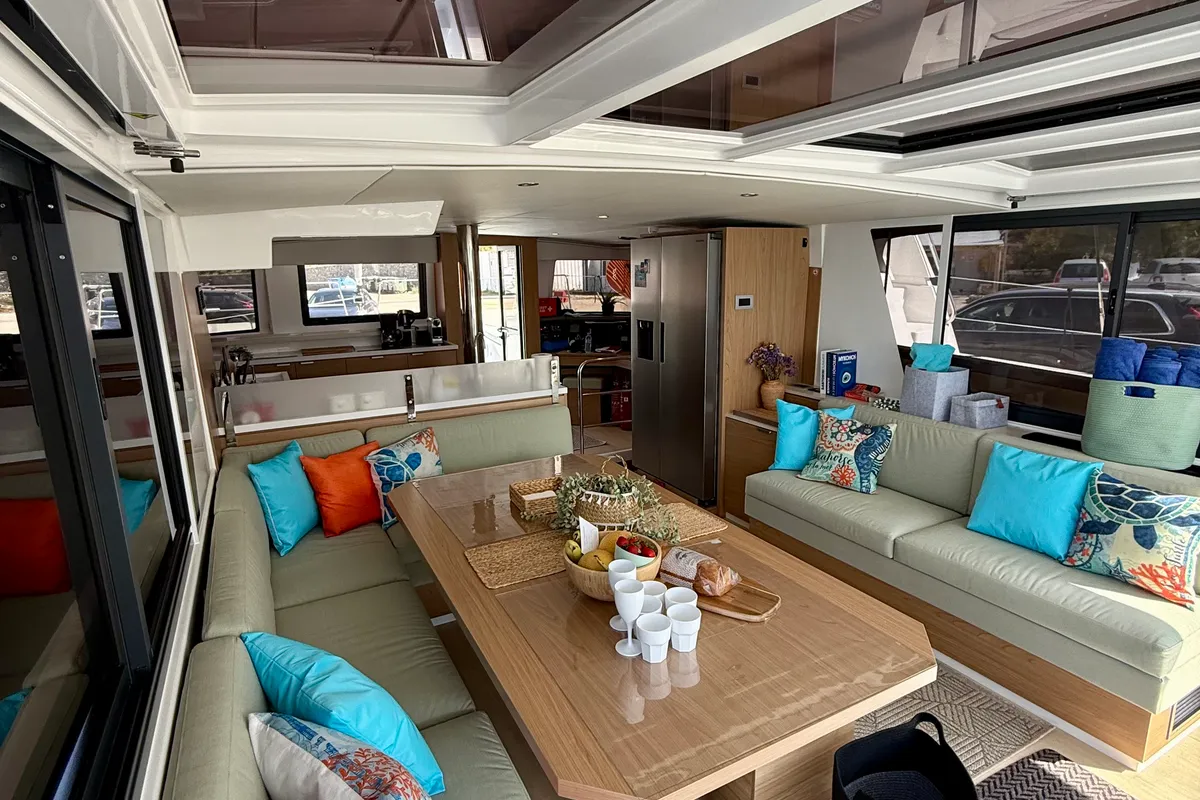 Salon of Keysmet, a Bali 4.6 catamaran at Agios Stefanos, Greece