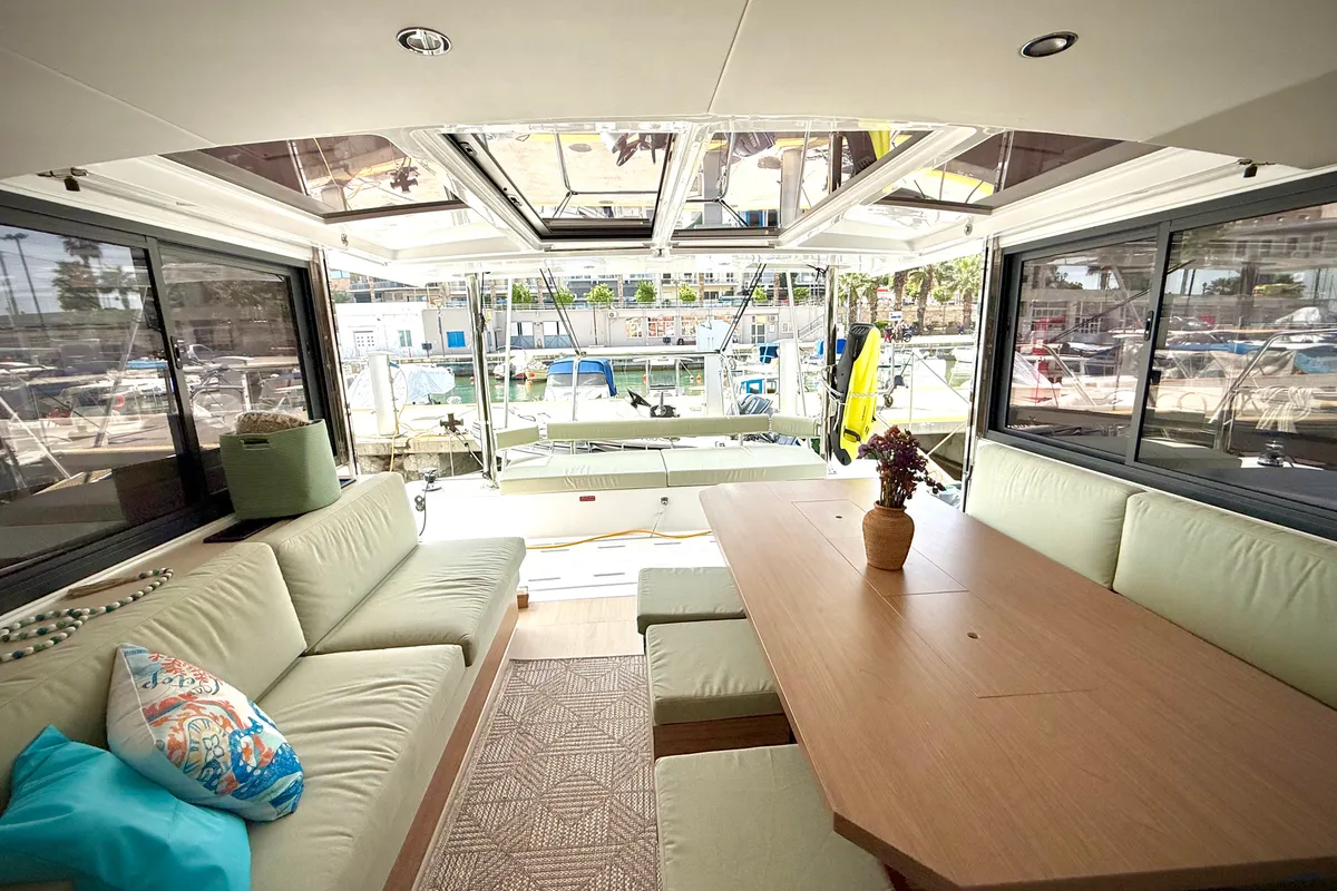 Salon of Keysmet, a Bali 4.6 catamaran at Agios Stefanos, Greece