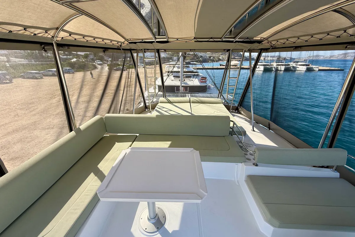 Cockpit of Keysmet, a Bali 4.6 catamaran at Agios Stefanos, Greece