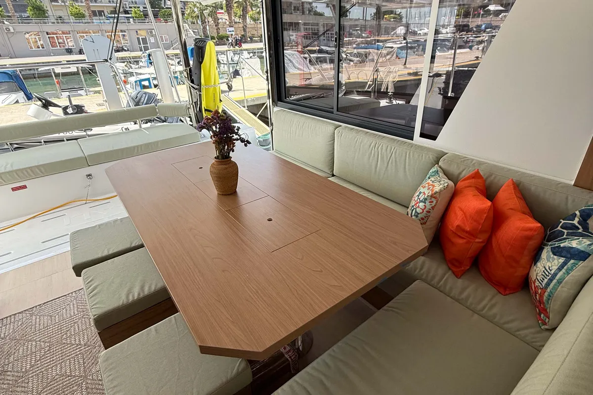 Salon of Keysmet, a Bali 4.6 catamaran at Agios Stefanos, Greece