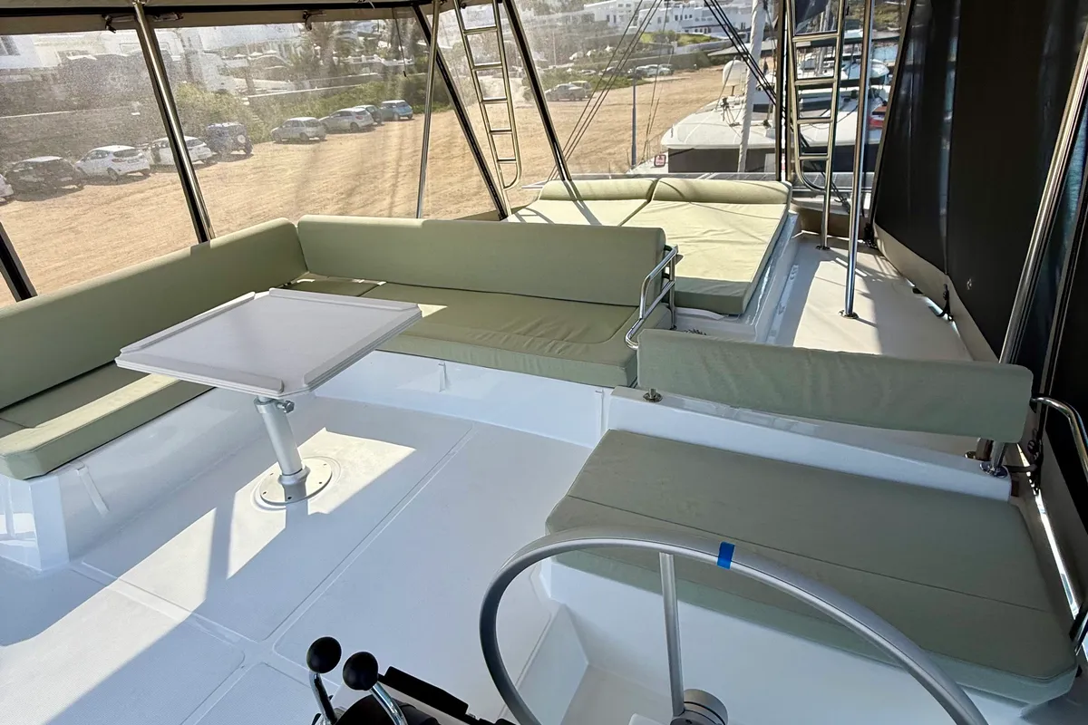 Cockpit of Keysmet, a Bali 4.6 catamaran at Agios Stefanos, Greece