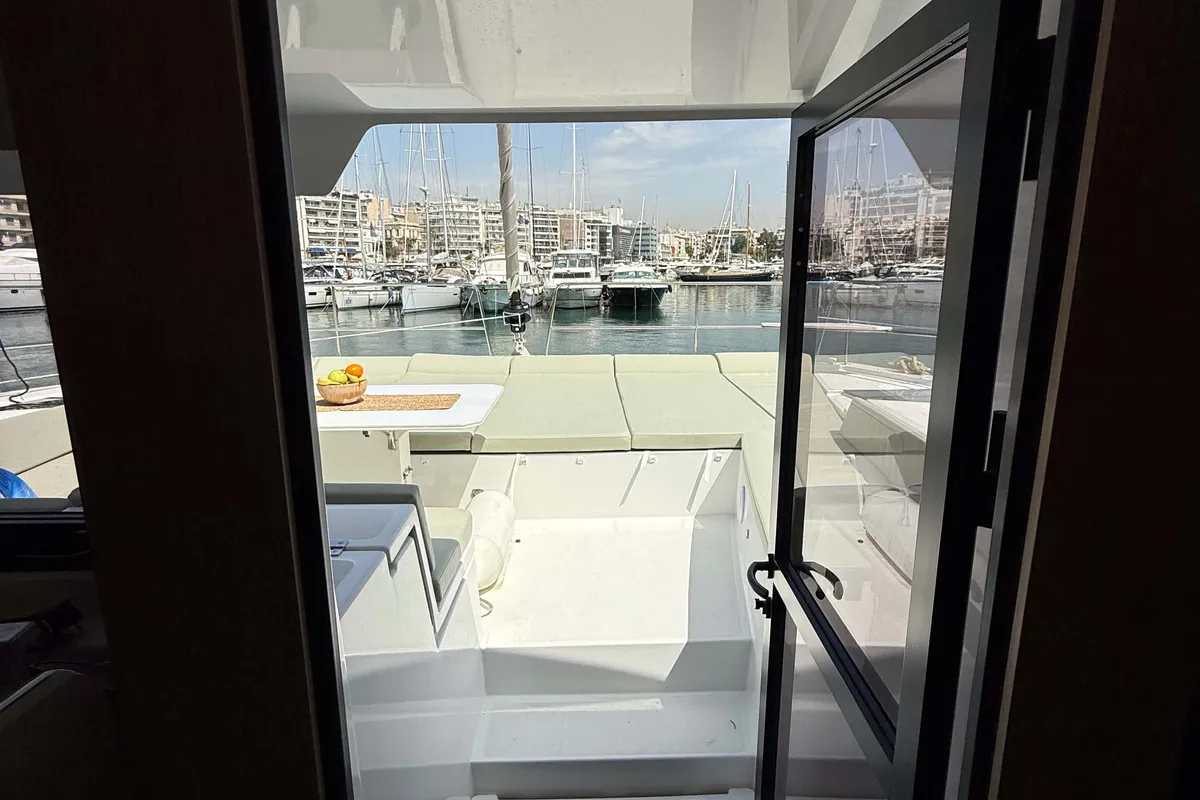 Deck of Keysmet, a Bali 4.6 catamaran at Agios Stefanos, Greece