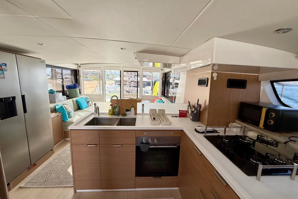 Galley of Keysmet, a Bali 4.6 catamaran at Agios Stefanos, Greece