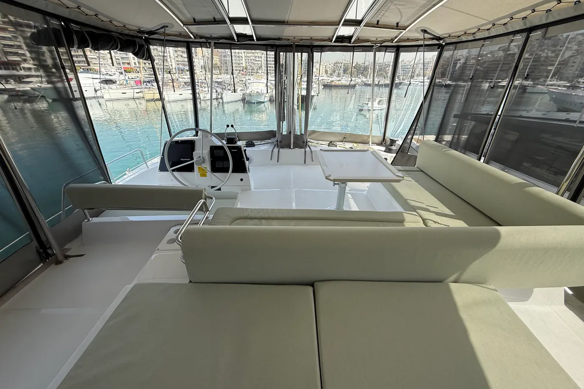 Cockpit of Keysmet, a Bali 4.6 catamaran at Agios Stefanos, Greece