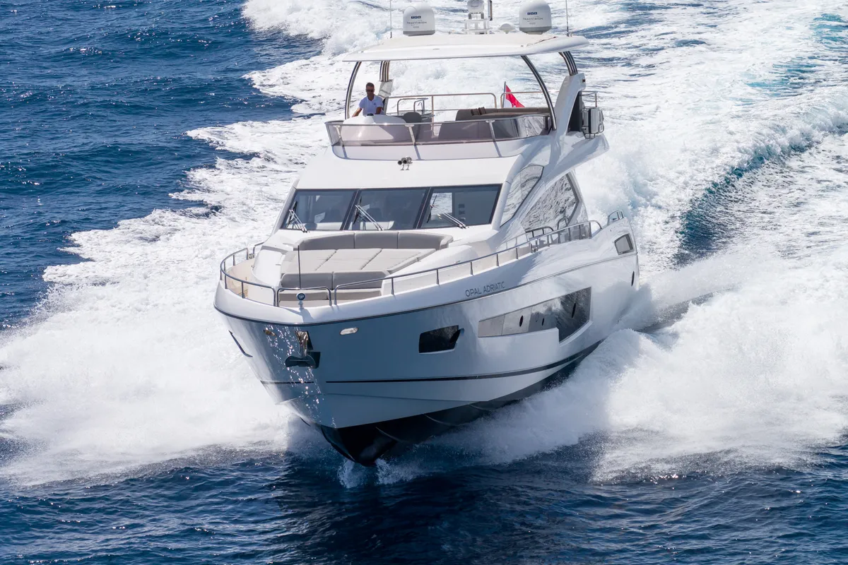 Exterior view of Opal Adriatic, a Sunseeker 75 motor yacht at Seget Donji, Croatia