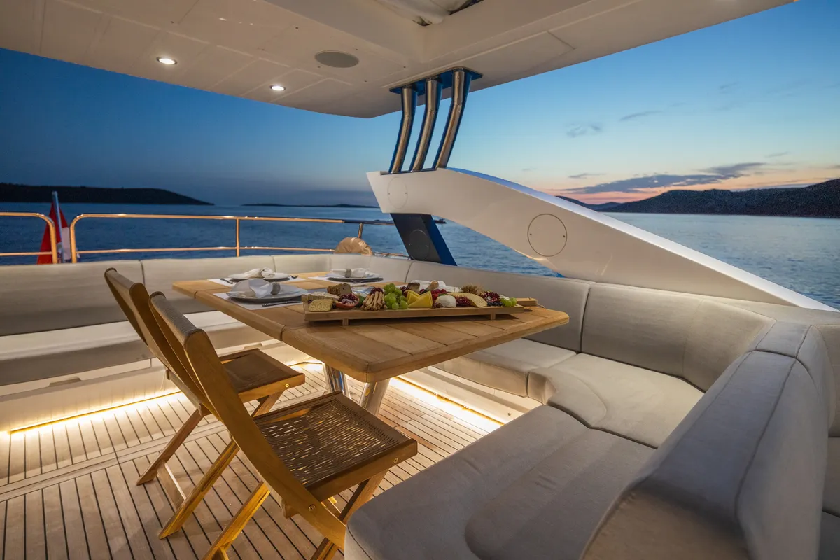 Deck of Opal Adriatic, a Sunseeker 75 motor yacht at Seget Donji, Croatia