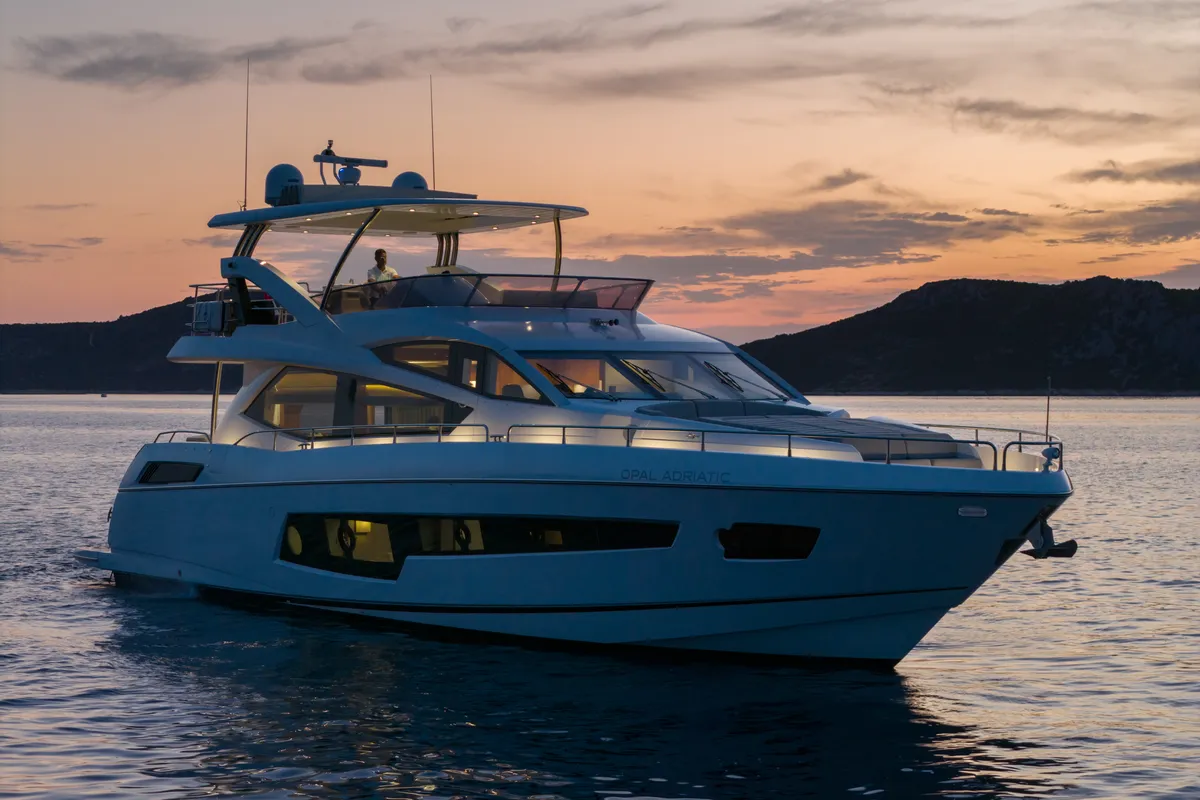 Exterior view of Opal Adriatic, a Sunseeker 75 motor yacht at Seget Donji, Croatia
