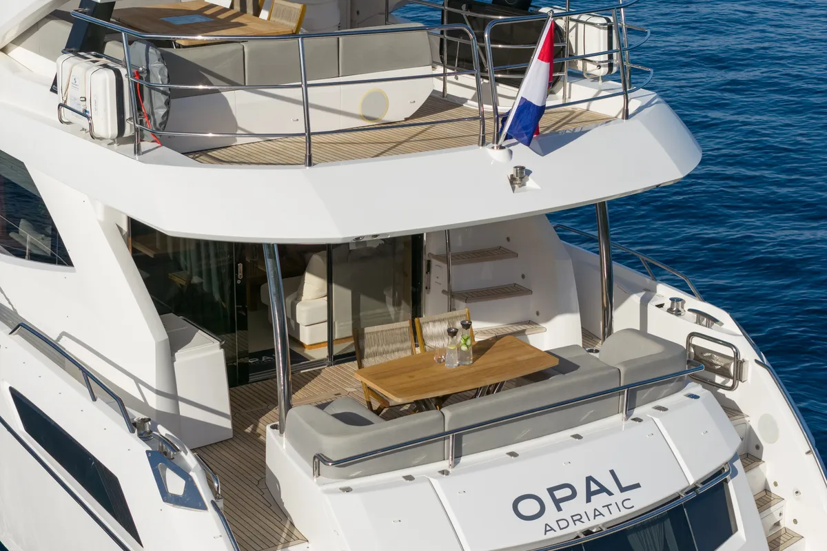 Deck of Opal Adriatic, a Sunseeker 75 motor yacht at Seget Donji, Croatia