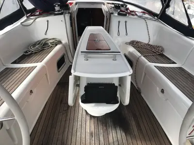 Cockpit of Libra, a Beneteau Oceanis 43 sailboat at Olbia, Italy