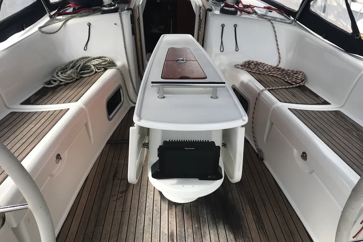Cockpit of Libra, a Beneteau Oceanis 43 sailboat at Olbia, Italy