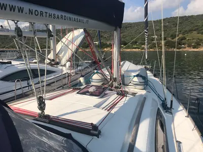 Deck of Libra, a Beneteau Oceanis 43 sailboat at Olbia, Italy