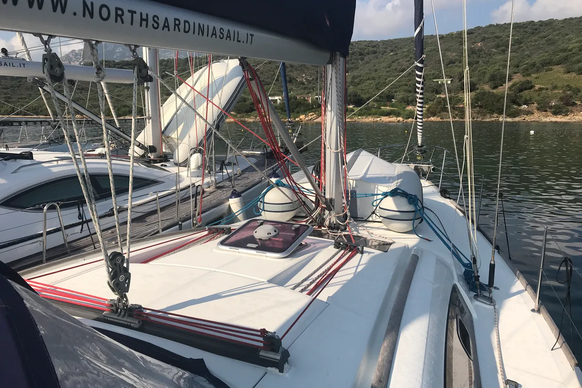 Deck of Libra, a Beneteau Oceanis 43 sailboat at Olbia, Italy