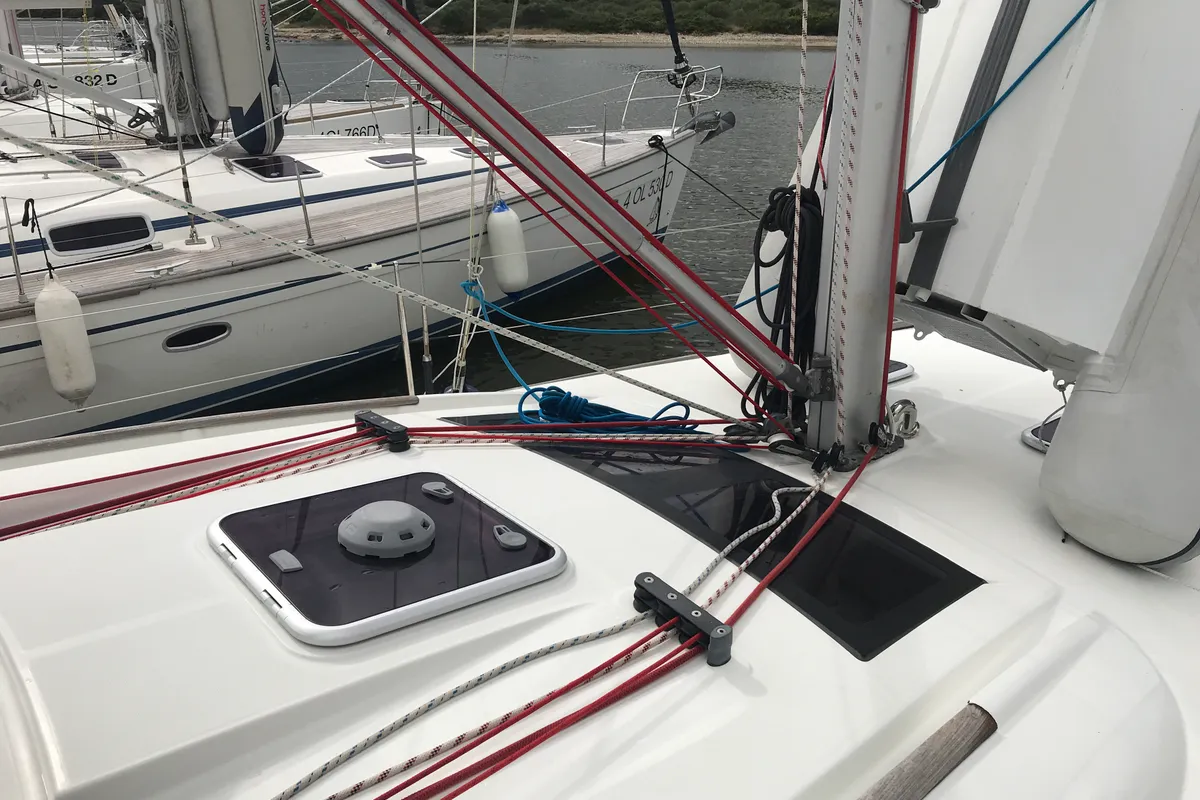 Deck of Libra, a Beneteau Oceanis 43 sailboat at Olbia, Italy