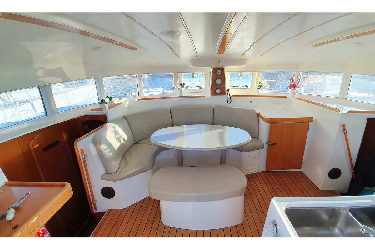 Salon of Manatéa, a Lagoon 38 catamaran at Hyères, France