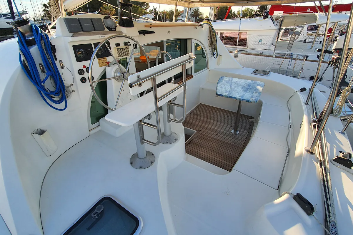 Cockpit of Manatéa, a Lagoon 38 catamaran at Hyères, France