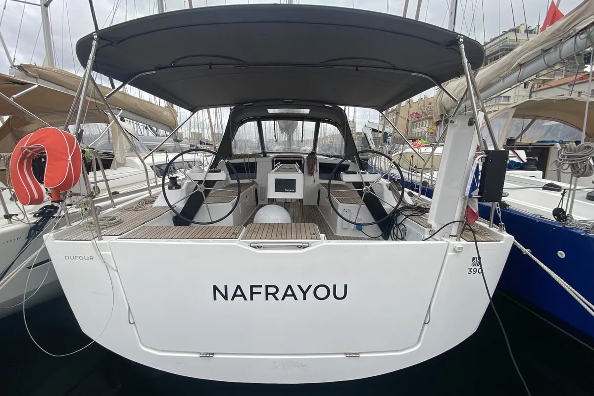 Exterior view of Nafrayou, a Dufour 390 GL sailboat at Marseille, France