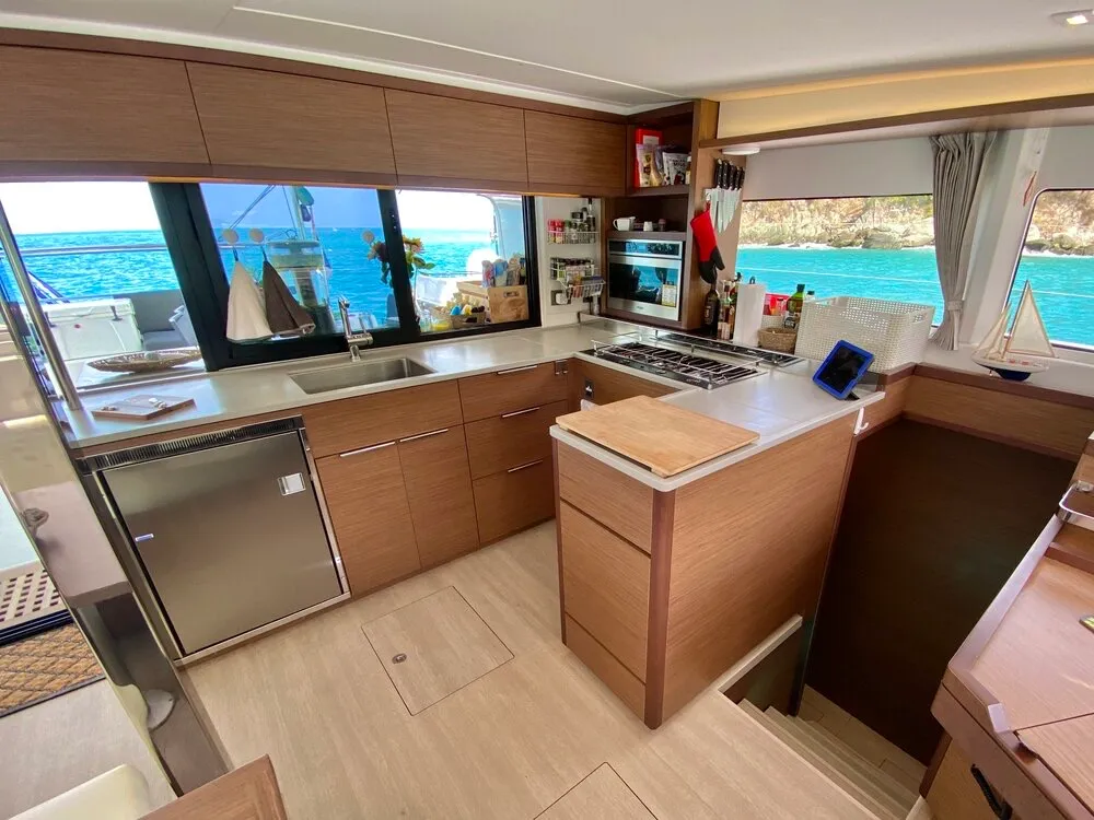 Salon of Maryna, a Lagoon 46 catamaran at Roche Caiman, Seychelles