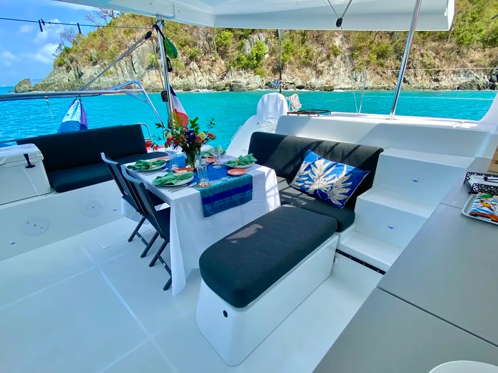 Deck of Maryna, a Lagoon 46 catamaran at Roche Caiman, Seychelles