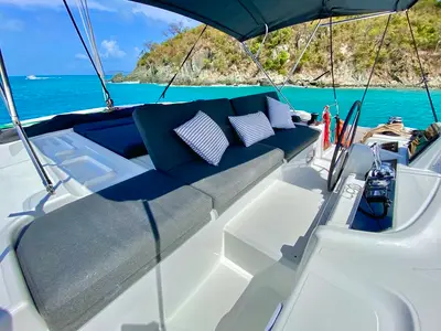 Cockpit of Maryna, a Lagoon 46 catamaran at Roche Caiman, Seychelles