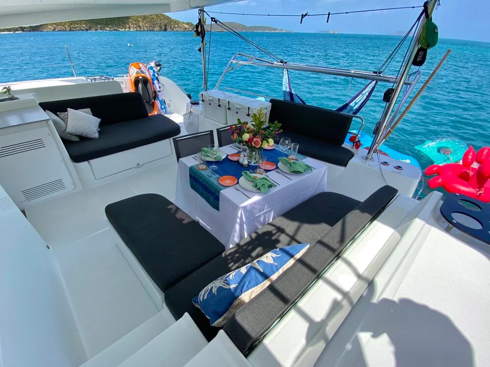 Deck of Maryna, a Lagoon 46 catamaran at Roche Caiman, Seychelles