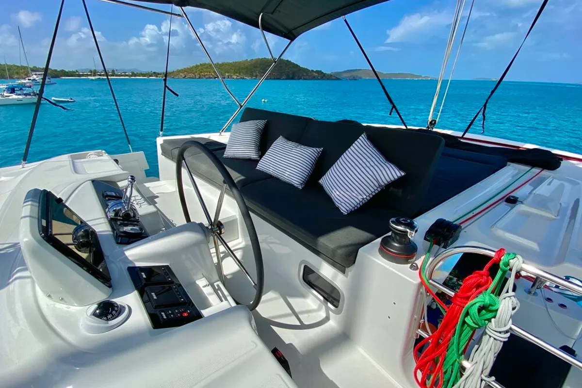 Deck of Maryna, a Lagoon 46 catamaran at Roche Caiman, Seychelles