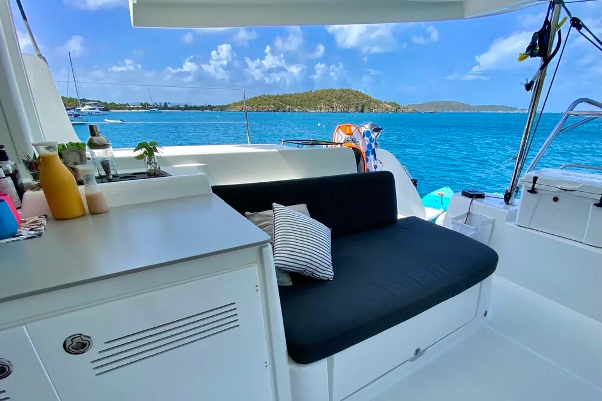 Deck of Maryna, a Lagoon 46 catamaran at Roche Caiman, Seychelles