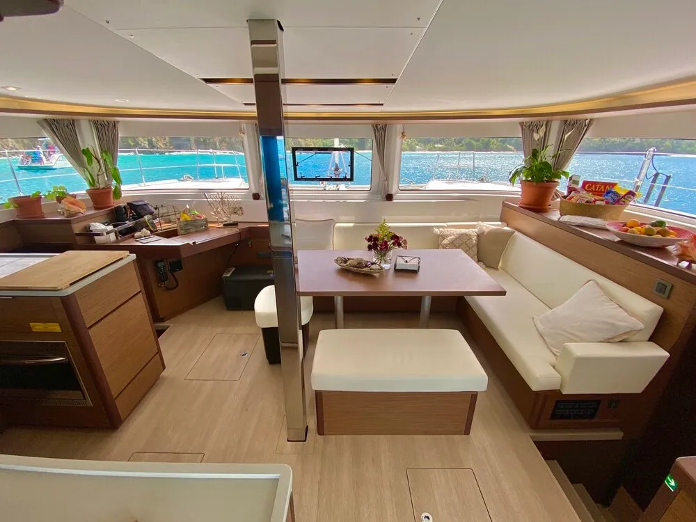 Salon of Maryna, a Lagoon 46 catamaran at Roche Caiman, Seychelles