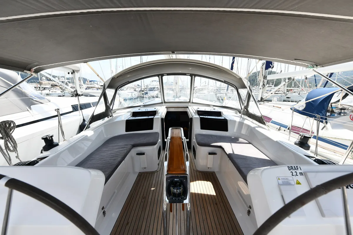 Cockpit of Sarsala, a Hanse 458 sailboat at Fethiye, Turkey