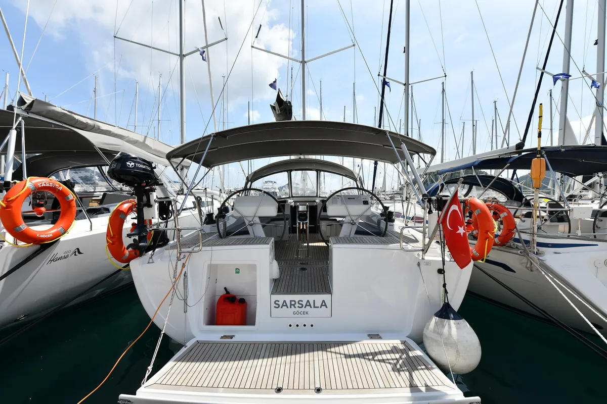 Deck of Sarsala, a Hanse 458 sailboat at Fethiye, Turkey